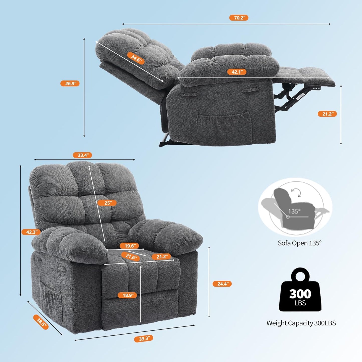 Rocking Recliner Chair,360° Swivel Rocker Chair for Living Room,Upholstered Fabric Glider Nursery Chair with Side Pockets for Small Spaces,Q235 Steel Frame Lazy Boy Recliner Single Sofa