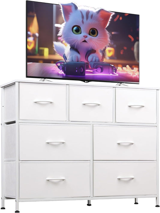 7 Drawer Dresser TV Stand, Dressers for Bedroom, Fabric Storage Tower, Hallway, Entryway, Closets, Sturdy Steel Frame, Wood Top, Easy Pull Handle, White