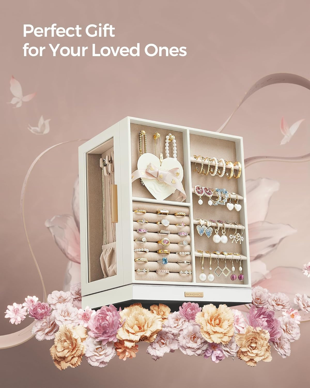 Jewelry Box 360° Rotating, Jewelry Storage Case with 5 Drawers, Jewelry Organizer, Glass Window, Spacious, Vertical Jewelry Storage, Open Design, Great Gift, Cloud White UJBC170W01
