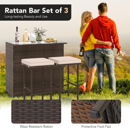 3 Piece Patio Bar Set, Outdoor Rattan Bar Table and 2 Stools with Tempered Glass Tabletop, 2-Tier Storage, Removable Cushions, outside Wicker Conversation Set