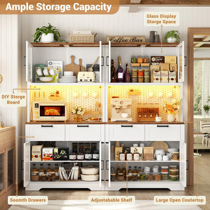 71" Tall Kitchen Pantry Storage Cabinet with LED Light & Outlet, 63" Wide Kitchen Hutch Cabinet with Large Countertop, DIY Pegboard and Drawers, Farmhouse Food Pantry for Living Room,