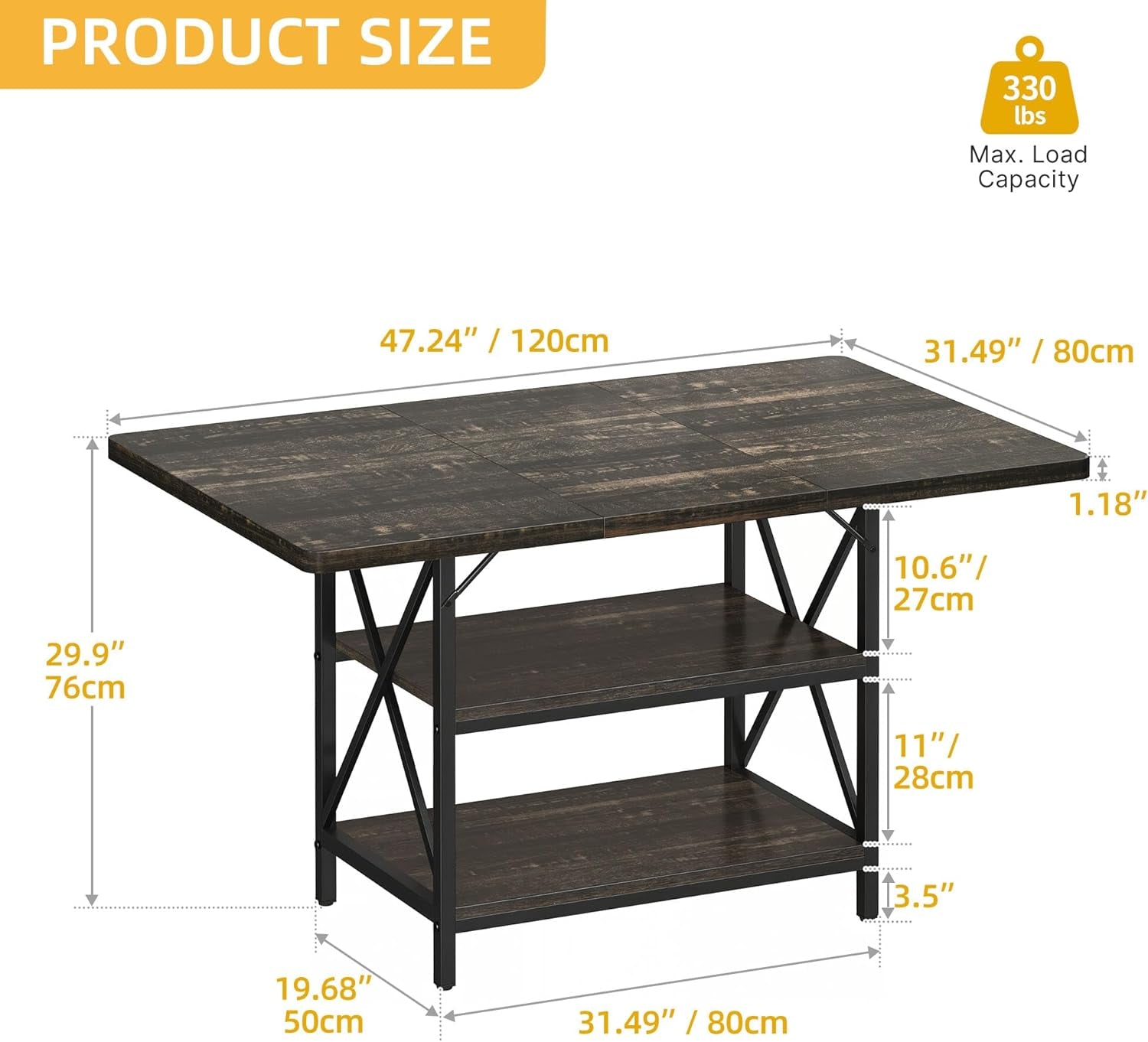 Dining Room Table 47 Inch Rectangle Dining Table for 4 People Farmhouse Rustic Kitchen Table with Storage Shelf and Heavy Duty Metal Legs for Home Apartment