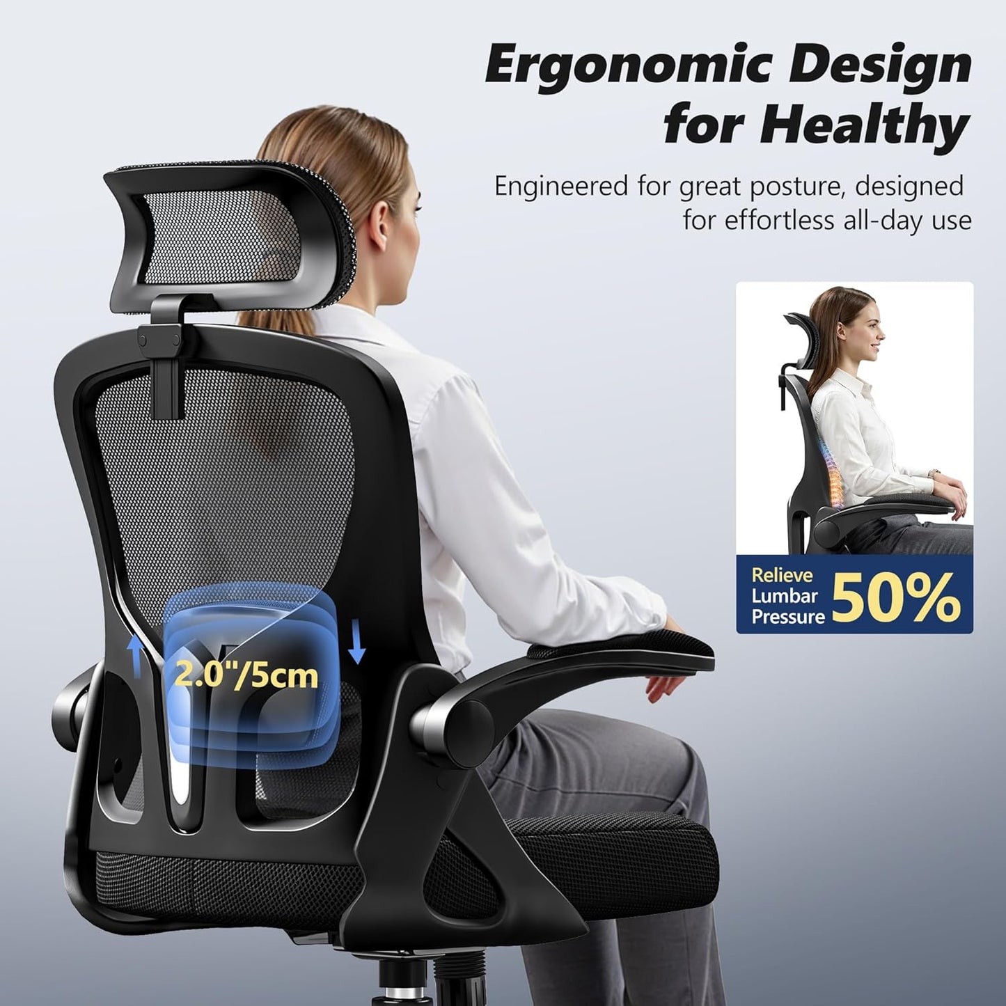 Ergonomic Office Chair, High Back Desk Chair with Flip-Up Arms, 300 LBS Mesh Computer Chair with Adjustable Headrest & Lumbar Support, Comfy Gaming Chair for Adults, Home Office Desk Chairs (Black)