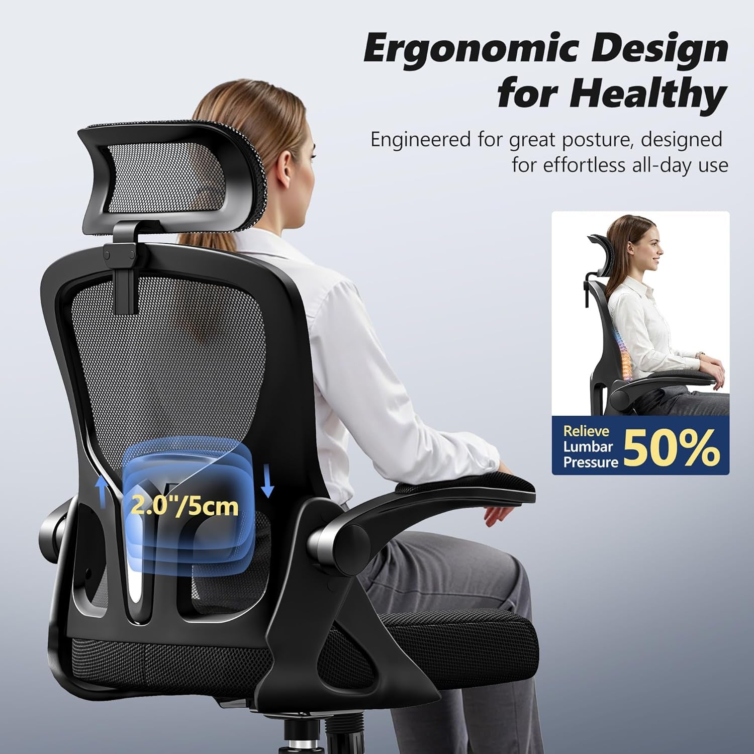 Ergonomic Office Chair, High Back Desk Chair with Flip-Up Arms, 300 LBS Mesh Computer Chair with Adjustable Headrest & Lumbar Support, Comfy Gaming Chair for Adults, Home Office Desk Chairs (Black)
