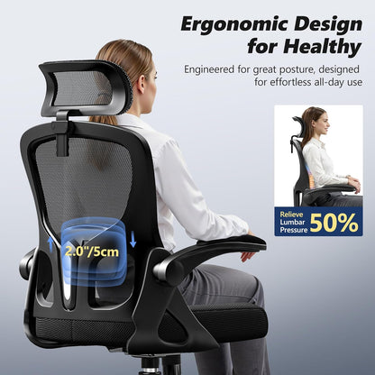Ergonomic Office Chair, High Back Desk Chair with Flip-Up Arms, 300 LBS Mesh Computer Chair with Adjustable Headrest & Lumbar Support, Comfy Gaming Chair for Adults, Home Office Desk Chairs (Black)