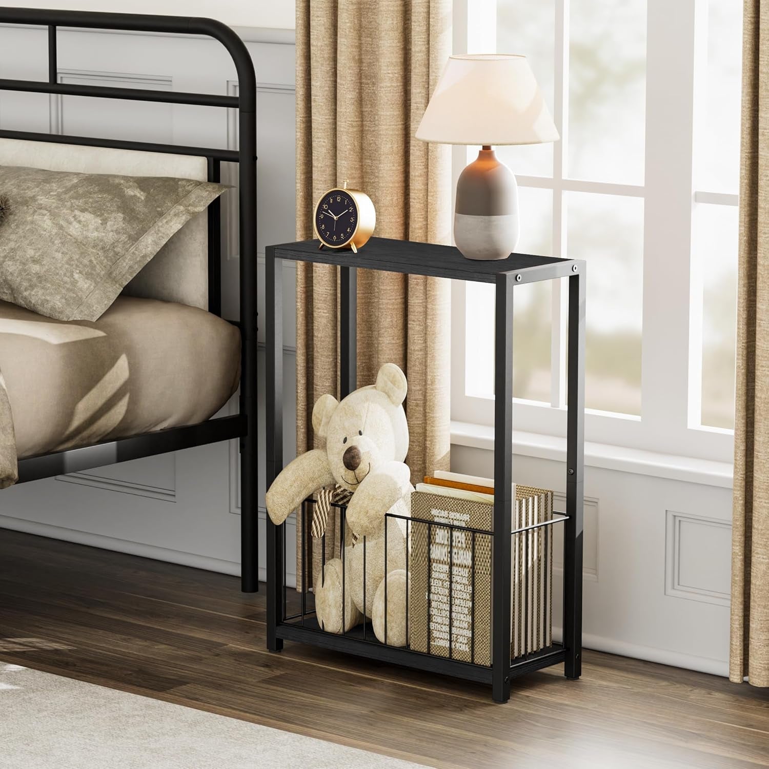 Narrow Side Table with Magazine Holder, Skinny End Table Perfect for Small Spaces, Space-Saving Design for Living Room, Bedroom, or Office, 7.1" D X 16.9" W X 23.6" H, Black