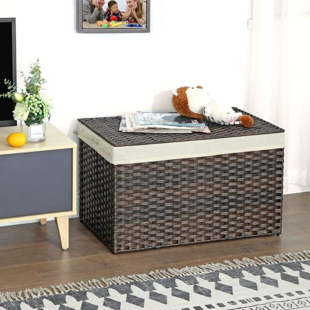 Storage Basket with Lid, 42.3 Gallon (160L) Storage Bin, Woven Blanket Storage Basket with Handles, Foldable, Removable Liner, Metal Frame, for Bedroom, Laundry Room, Brown URST76BR