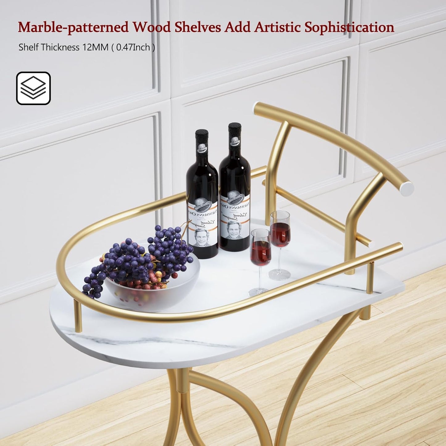 Bar Cart with Wheels Handle Rolling Home Bar Serving Carts 2 Tier Curved Anti-Collision Storage Small Trolley with Wine Rack and Glass Holder for Kitchen Dining Room Living Room Gold
