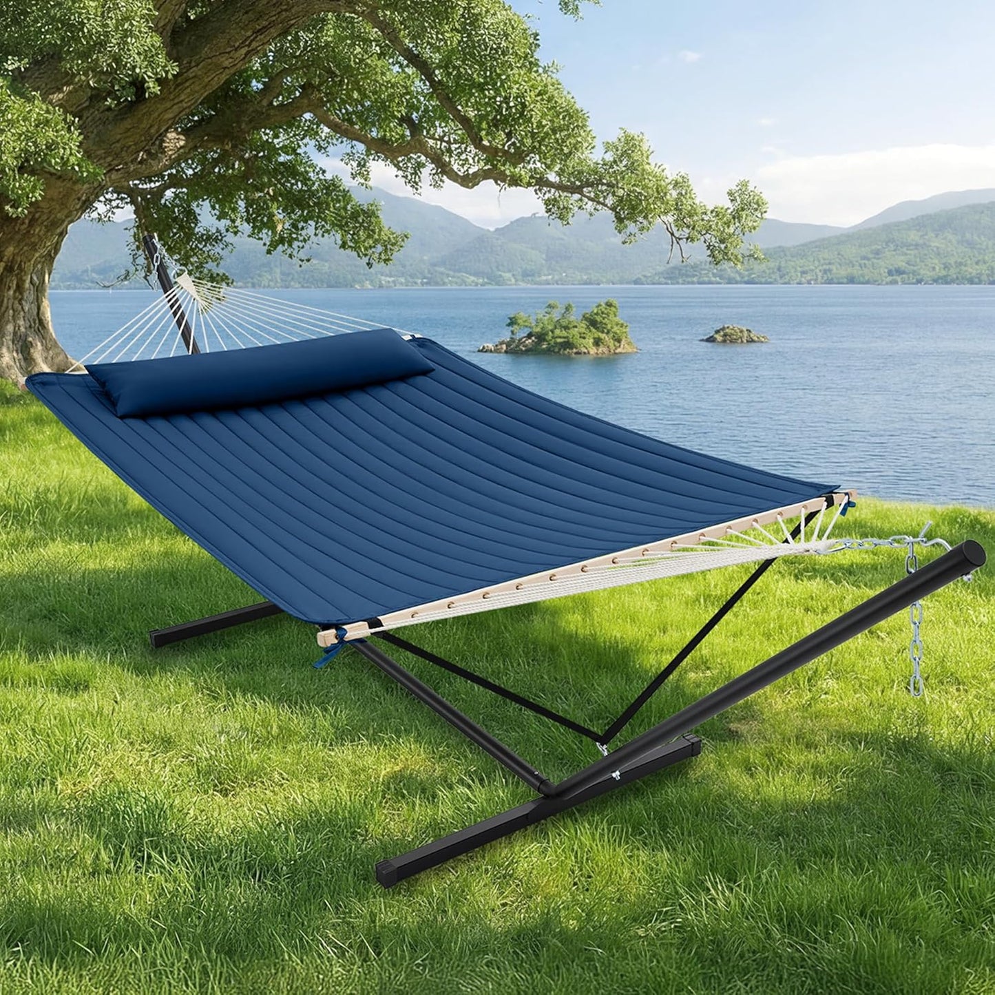 12Ft Double Hammock with Stand, Rope Hammock for 2 Person, Detachable Hammock Bed and Pillow, Portable, Anti-Tip Safety Ropes, Carry Bag, Outdoor Backyard Patio Camping, Navy Blue
