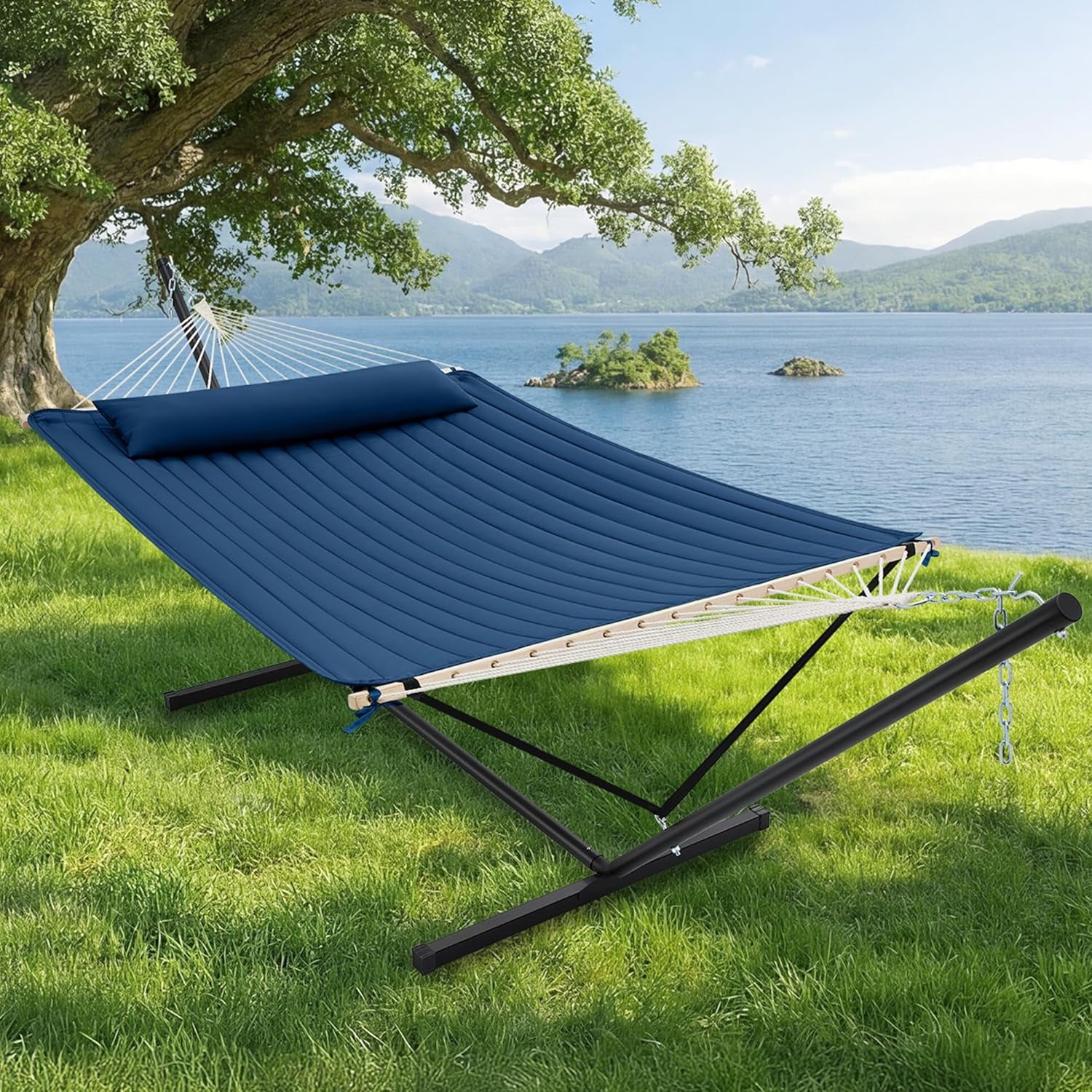 12Ft Double Hammock with Stand, Rope Hammock for 2 Person, Detachable Hammock Bed and Pillow, Portable, Anti-Tip Safety Ropes, Carry Bag, Outdoor Backyard Patio Camping, Navy Blue
