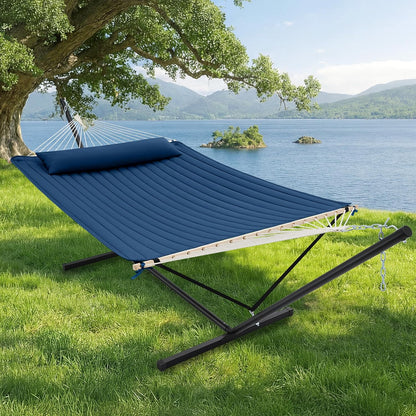 12Ft Double Hammock with Stand, Rope Hammock for 2 Person, Detachable Hammock Bed and Pillow, Portable, Anti-Tip Safety Ropes, Carry Bag, Outdoor Backyard Patio Camping, Navy Blue