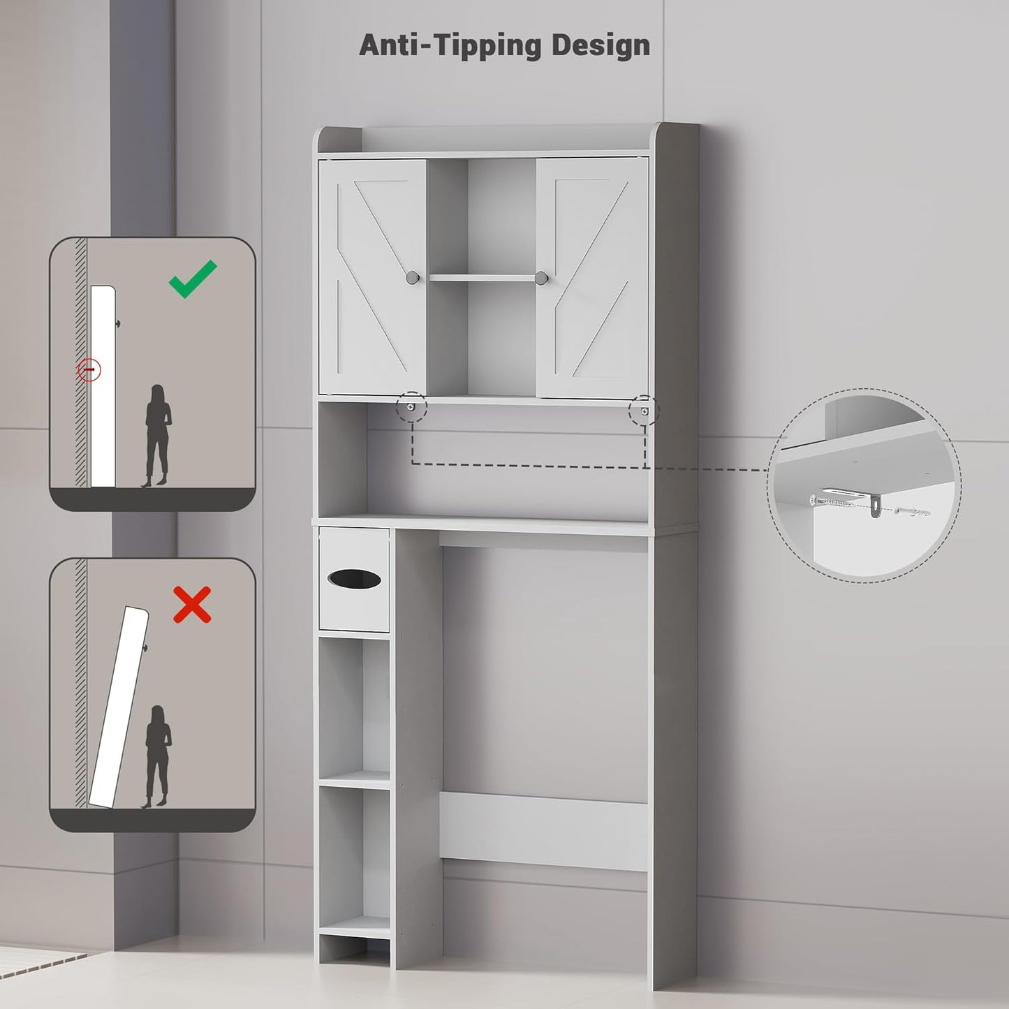 Over the Toilet Storage Cabinet: Farmhouse Storage Cabinet over Toilet with 2 Barn Door & Toilet Paper Holder Stand, Home Space-Saving Toilet Rack, for Bathroom, Restroom, Laundry