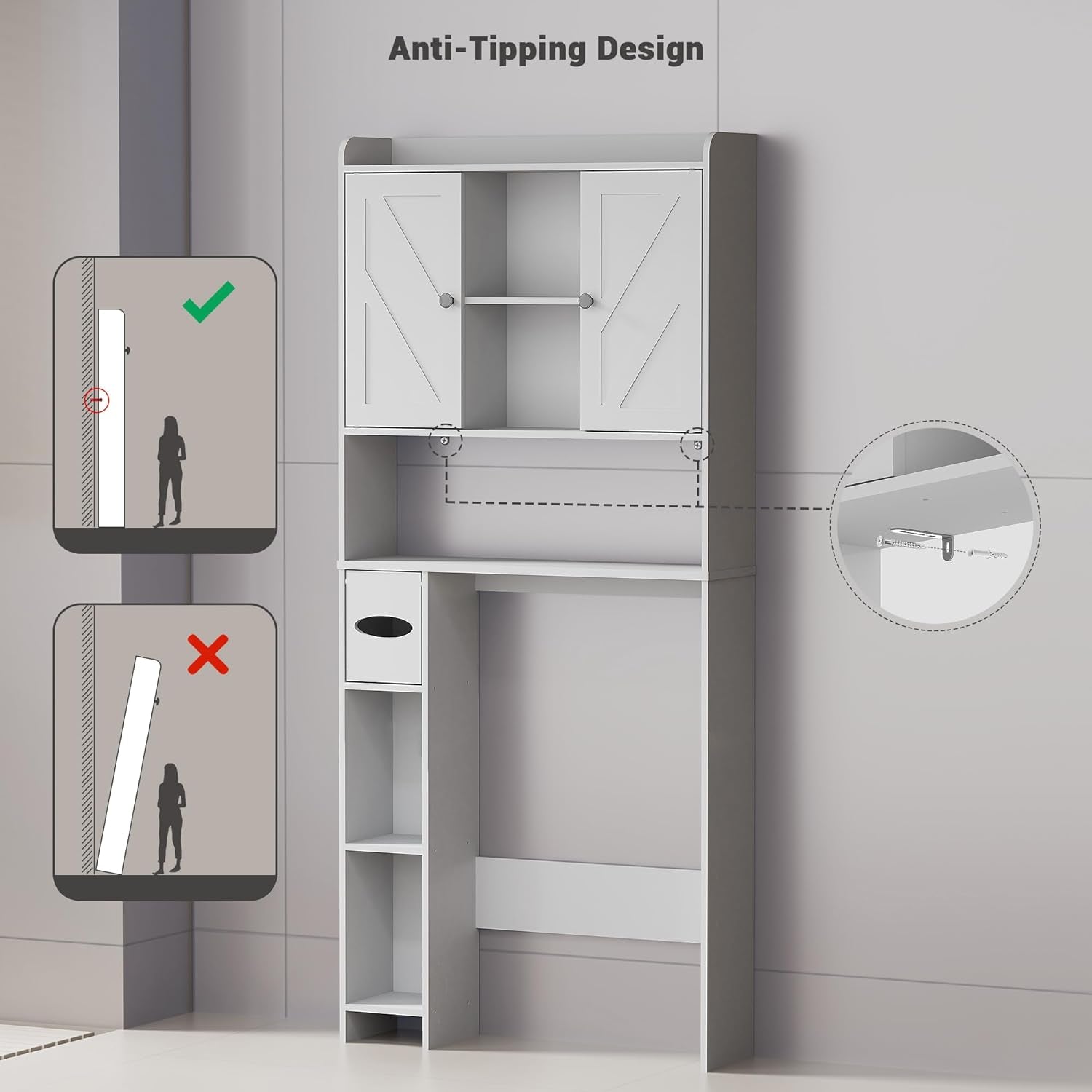 Over the Toilet Storage Cabinet: Farmhouse Storage Cabinet over Toilet with 2 Barn Door & Toilet Paper Holder Stand, Home Space-Saving Toilet Rack, for Bathroom, Restroom, Laundry