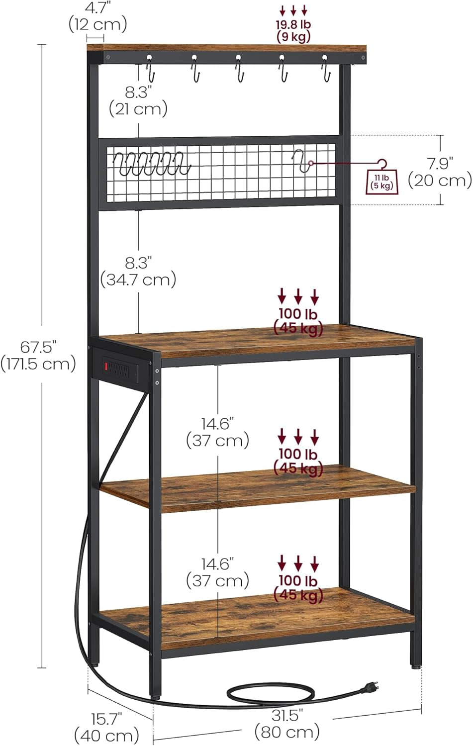 Bakers Rack with Charging Station, 31.5 Inches Coffee Bar Stand with Adjustable Storage Shelf, Grid Panel, 12 Hooks, Table for Microwave, Kitchen, Rustic Brown and Ink Black UKKS016K01