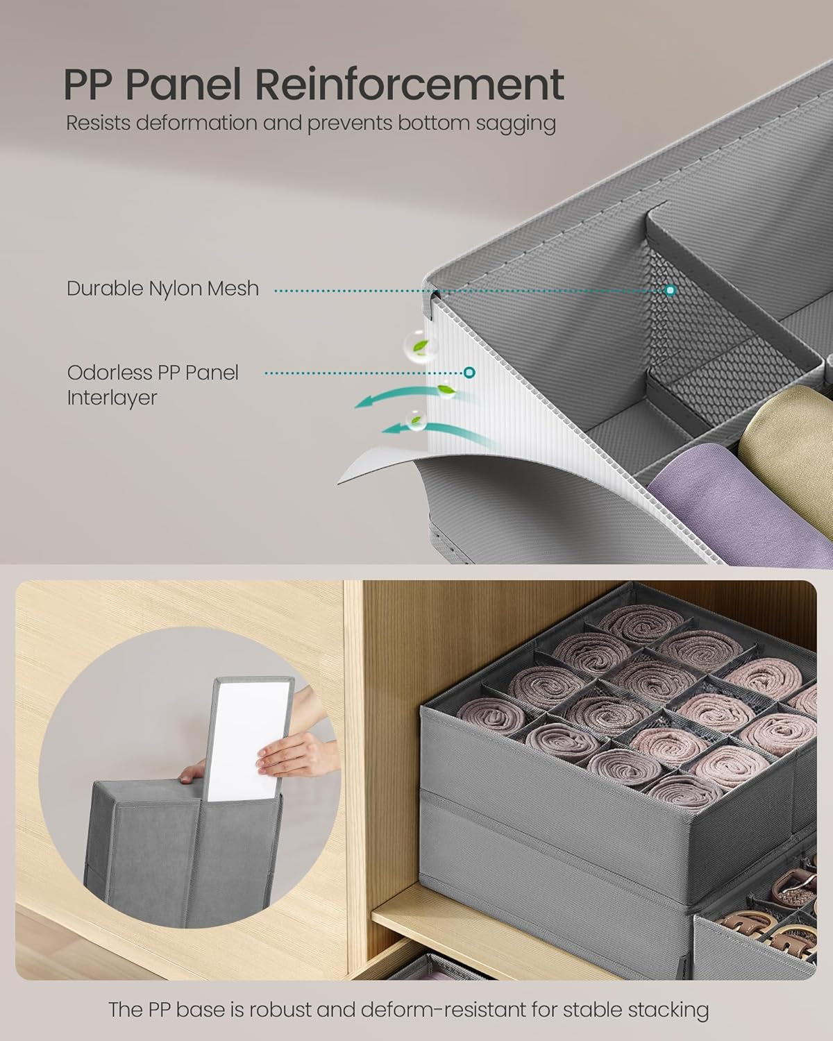 Set of 4 Drawer Organizers, Closet Organizers for Underwear, 80 Cells, Foldable Sock Holders, 11.8 X 11.8 X 3.9 Inches, for Storing Socks, Ties, Belts, Dove Gray URUS011G01