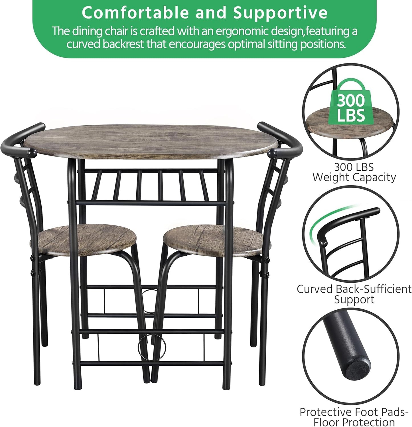 3 Piece Dining Table Set, Kitchen Table & Chair Sets for 2, Compact Bistro Table Set with Steel Legs, Built-In Wine Rack for Small Space, Apartment, Breakfast Nook, Drift Brown