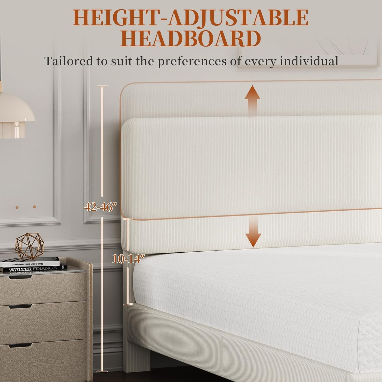 Queen Bed Frames with Adjustable Headboard, Chenille Fabric Upholstered Headboard/Platform Bed, Queen Size Bed Frame No Box Spring Needed/Wood Slats Support/Easy Assembly/Beige