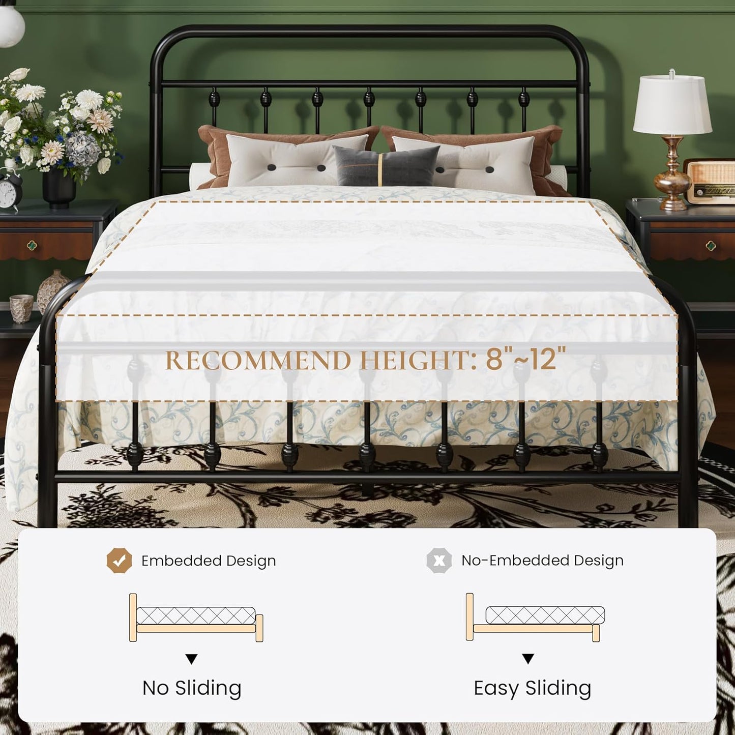 Queen Size Metal Platform Bed Frame with Victorian Style Iron-Art Headboard and Footboard, Easy Assembly, under Bed Storage, No Box Spring Required, Black