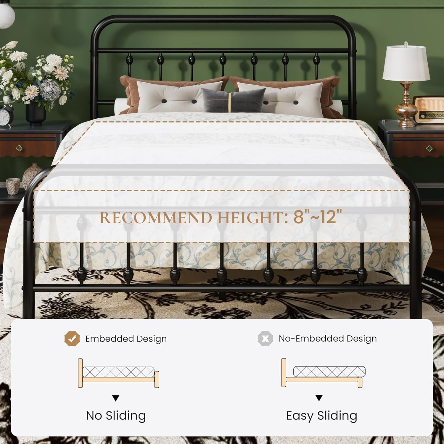 Queen Size Metal Platform Bed Frame with Victorian Style Iron-Art Headboard and Footboard, Easy Assembly, under Bed Storage, No Box Spring Required, Black