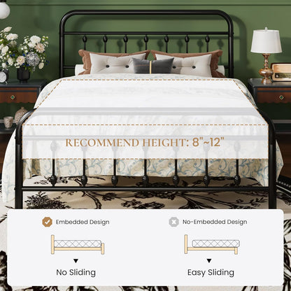 Queen Size Metal Platform Bed Frame with Victorian Style Iron-Art Headboard and Footboard, Easy Assembly, under Bed Storage, No Box Spring Required, Black