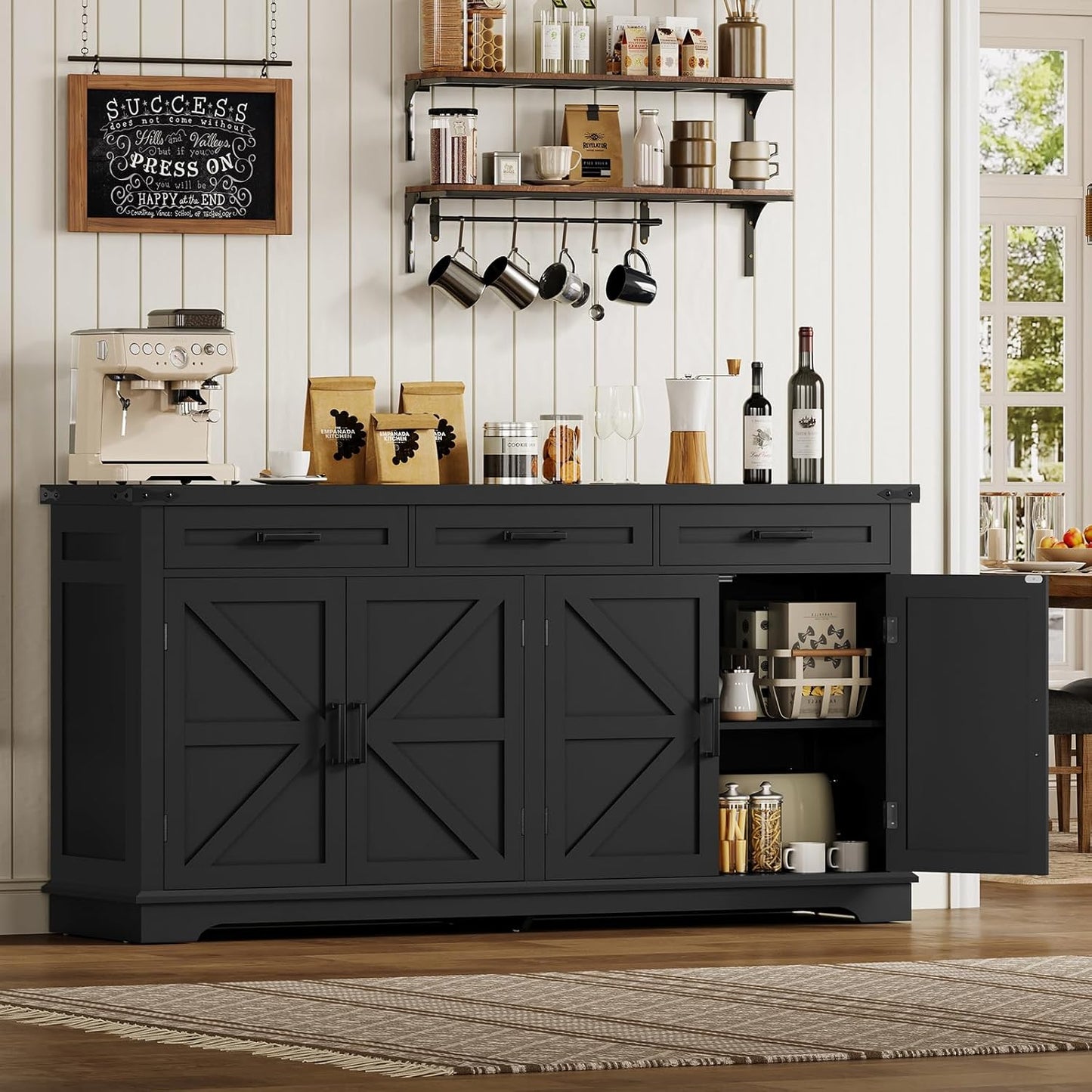 Buffet Cabinet, 63” Large Sideboard Buffet Storage Cabinet with 3 Drawers, Farmhouse Coffee Bar with 4 Doors, for Kitchen, Living Room, Black