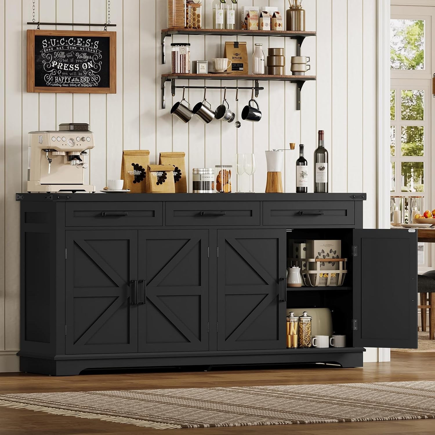 Buffet Cabinet, 63” Large Sideboard Buffet Storage Cabinet with 3 Drawers, Farmhouse Coffee Bar with 4 Doors, for Kitchen, Living Room, Black