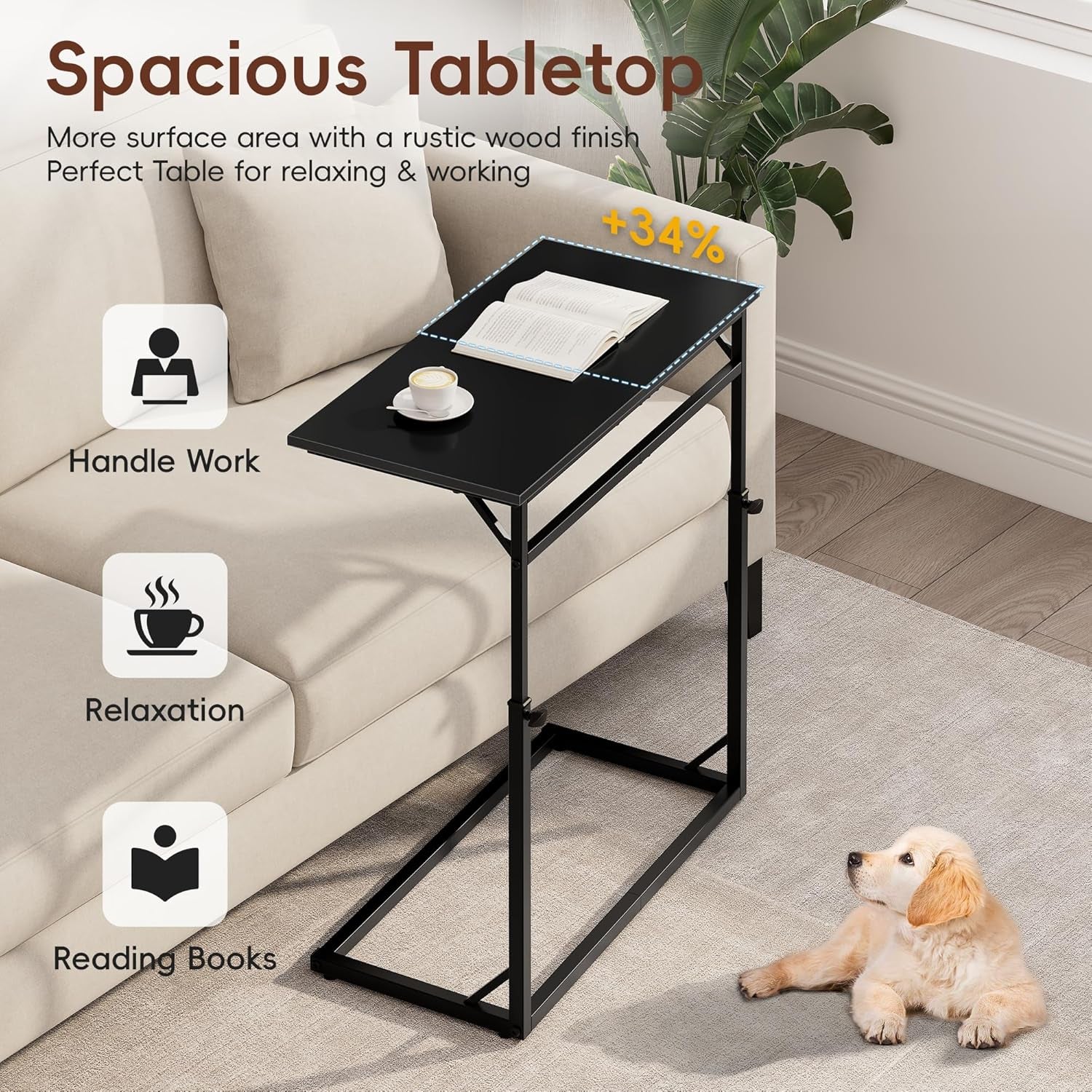 C Shaped End Table, 33"Tall Side Table for Couch, C-Table Sofa Table Adjustable Height Side Table, Large Surface Slide under Couch Table, Coffee Table TV Tray for Living Room, Bedroom, Black