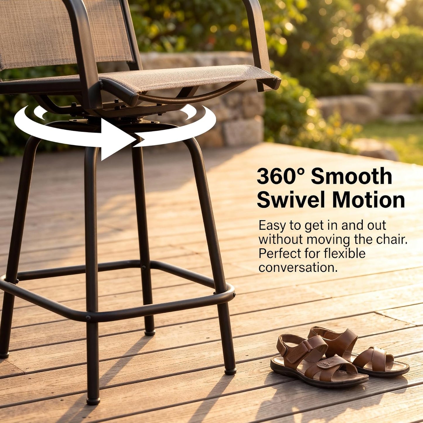 3-Piece Patio Bar Set, High Top Table & 2 Swivel Bar Stools with Textilene Fabric, Outdoor Bistro Furniture for Balcony, Backyard, Poolside (Brown)
