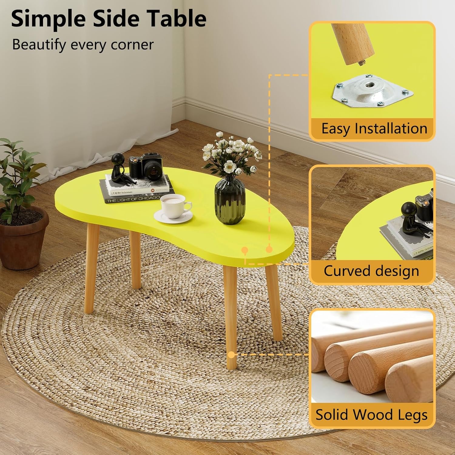 Mango Coffee Table Low Table with 4 Solid Wood Sturdy Legs, Floor Table Desk for Sitting on the Floor, Storage and Living Room Furniture (Yellow)