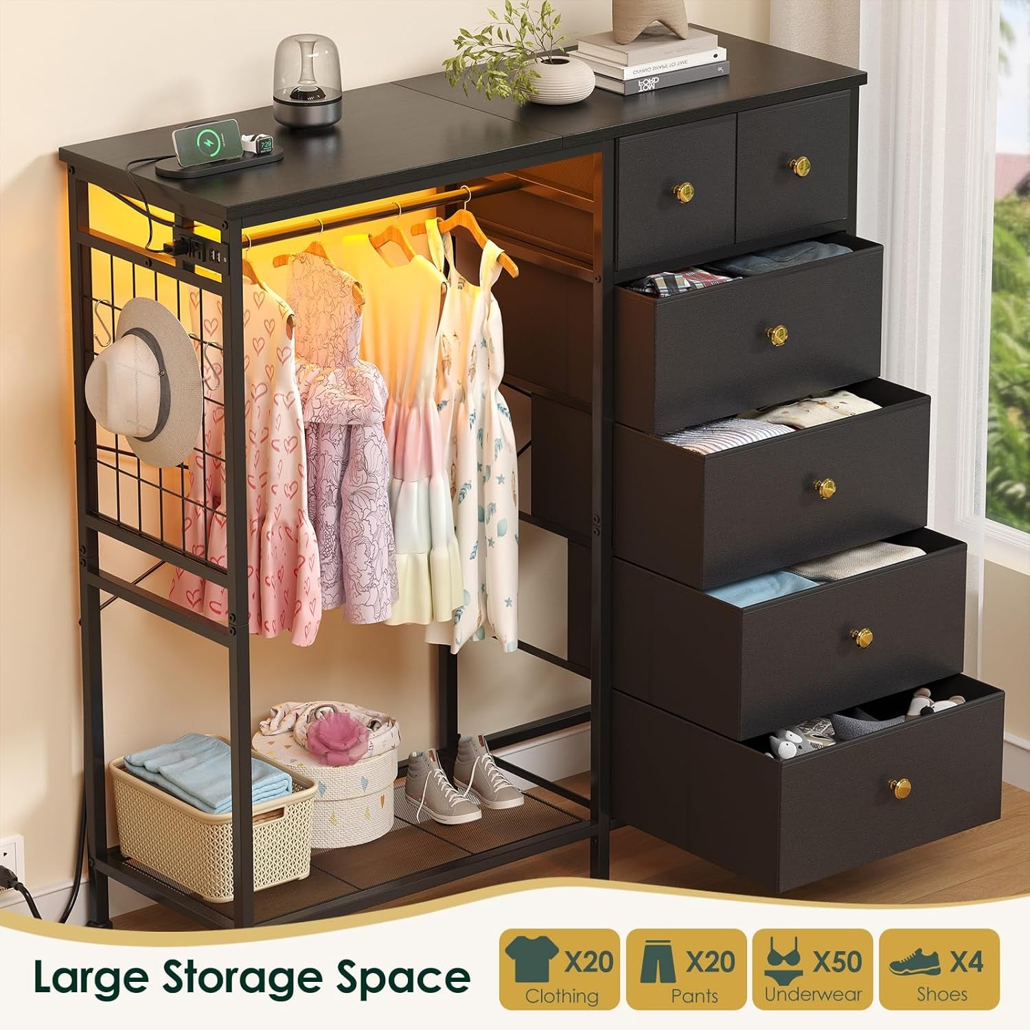 47.2" White Dresser with Hanging Rack, 2 in 1 Bedroom 6 Drawers with LED Lights & Charging Station, Wooden with Fabric Drawers and Clothing Rack (-2)
