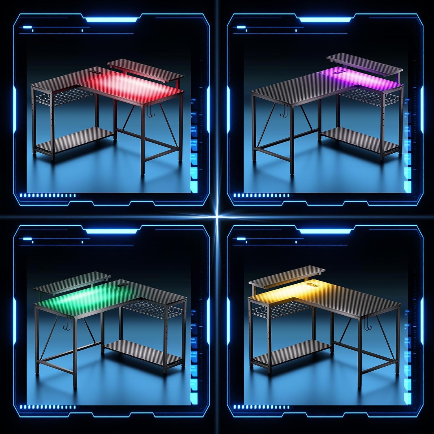 Gaming Desk with Power Outlets, 42" L-Shaped Computer Desk with LED Lights, Desk with Reversible Storage Shelves & Hooks for Small Spaces, Bedrooms & Offices, Black Carbon Fiber