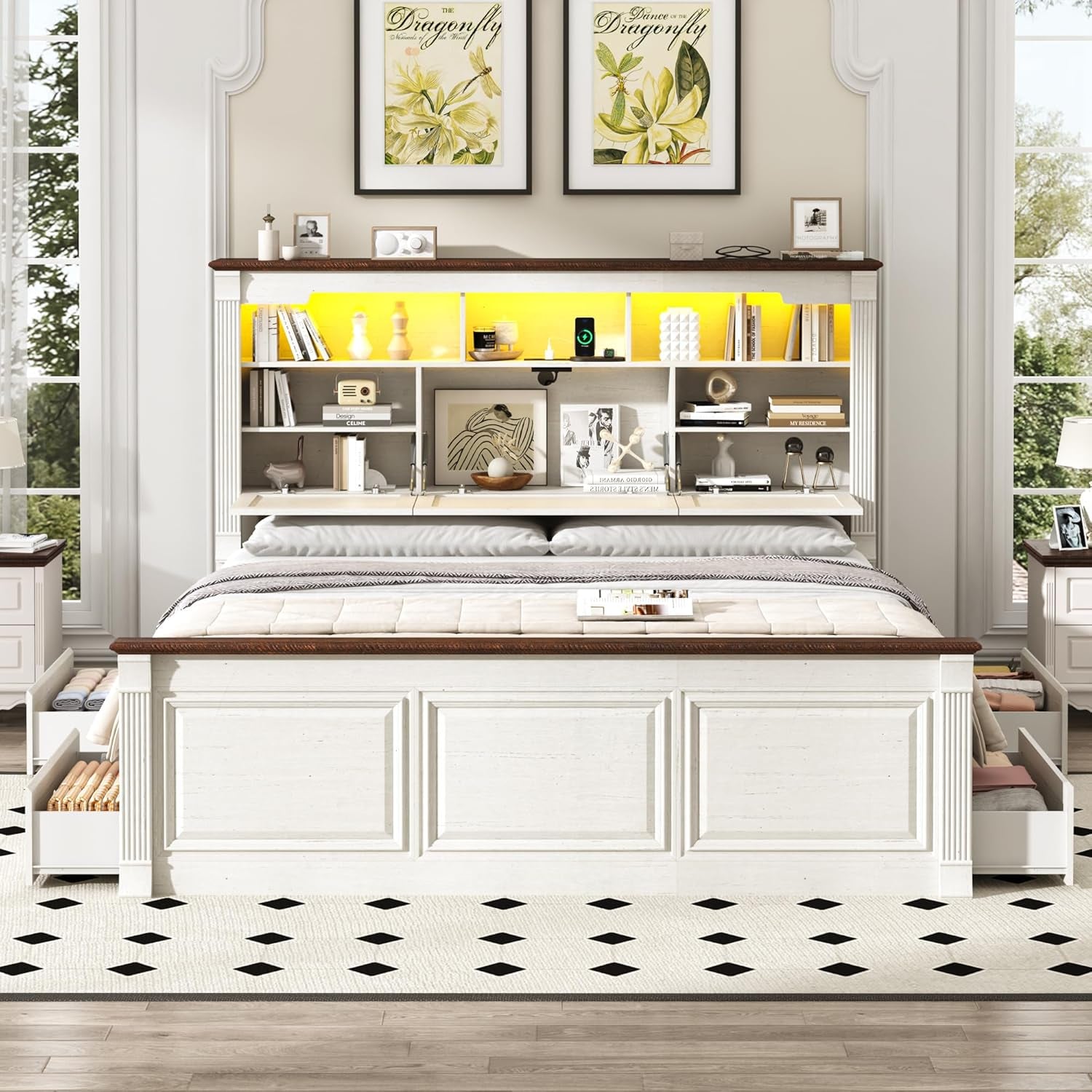 Farmhouse King Size Bed Frame with 55" Tall Storage Headboard & 4 Drawers, Wood Roman Column Platform Bed Frame with 24" Tall Footboard, LED Light, Charging Station, No Spring Needed, Antique White