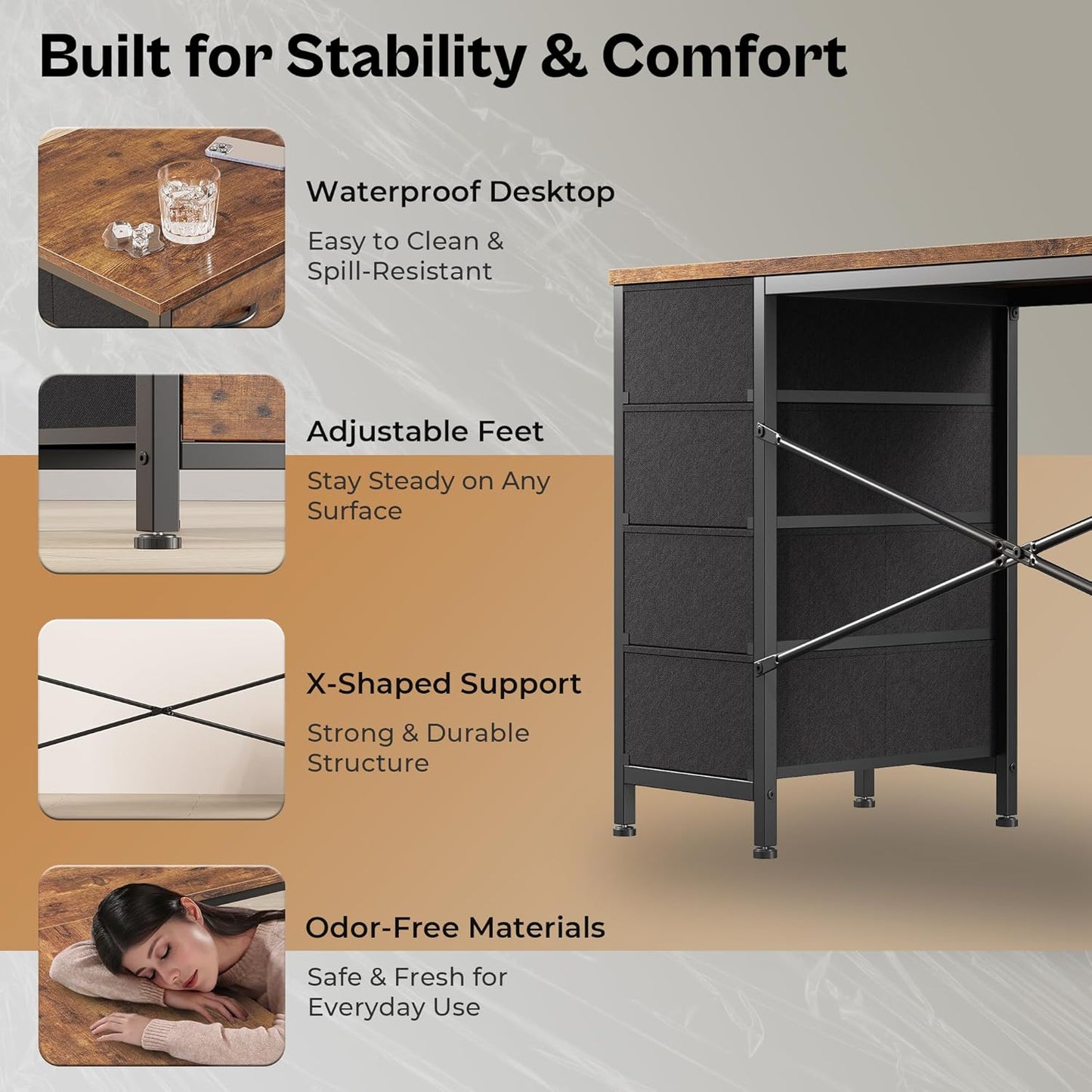 63 Inch L Shaped Desk with Fabric Drawers, Computer Office Desk with Power Outlets and USB-C Port, Corner Desk with Storage Shelves, for Gaming Work Study Home Office, Reversible, Rustic Brown