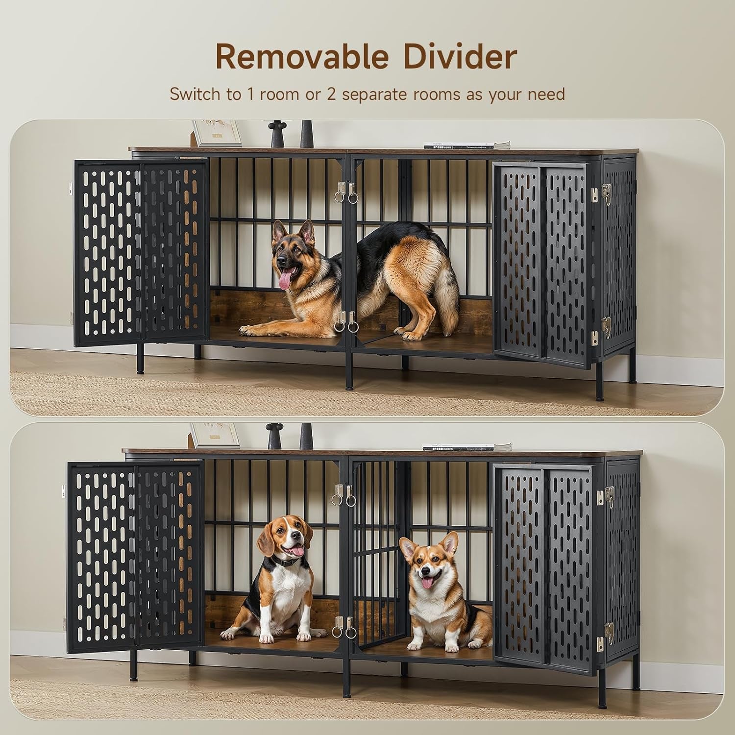 63" Double Dog Crate Furniture for 2 Dogs, Heavy Duty Dog Crates with Divider for High Anxiety Dog, Escape Proof Pet Cage, Dog Kennel Furniture Indoor as TV Stand for Medium Large Dogs,Brown