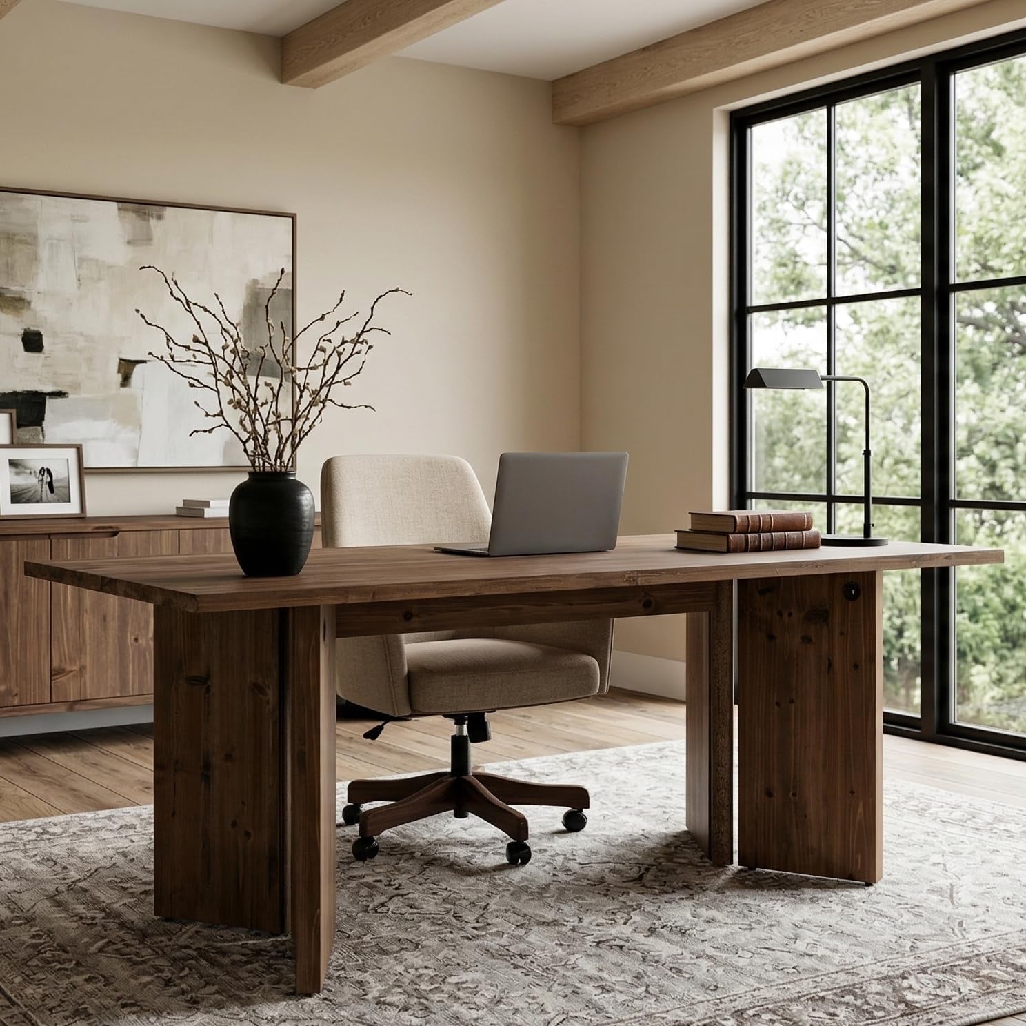 63" Long Large Wood Desks, Solid Wood Office Desk, Farmhouse Executive Computer Desk, Home Office Workstaticon, Work Writing Table, Rustic Brown
