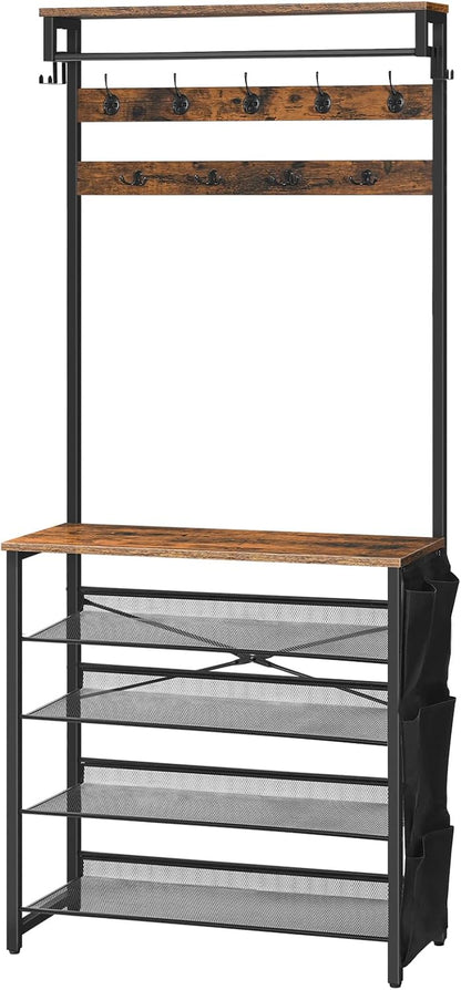 Hall Tree with Bench, Entryway Coat Rack with Shoe Rack, Shoe and Coat Rack, 5 Tier Shoe Storage Organizer with Oxford Fabric Side Pockets, Adjustable Mesh Shelves, Rustic Brown BF75MT01