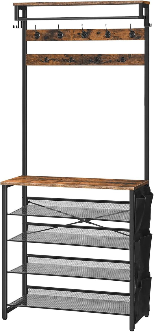 Hall Tree with Bench, Entryway Coat Rack with Shoe Rack, Shoe and Coat Rack, 5 Tier Shoe Storage Organizer with Oxford Fabric Side Pockets, Adjustable Mesh Shelves, Rustic Brown BF75MT01