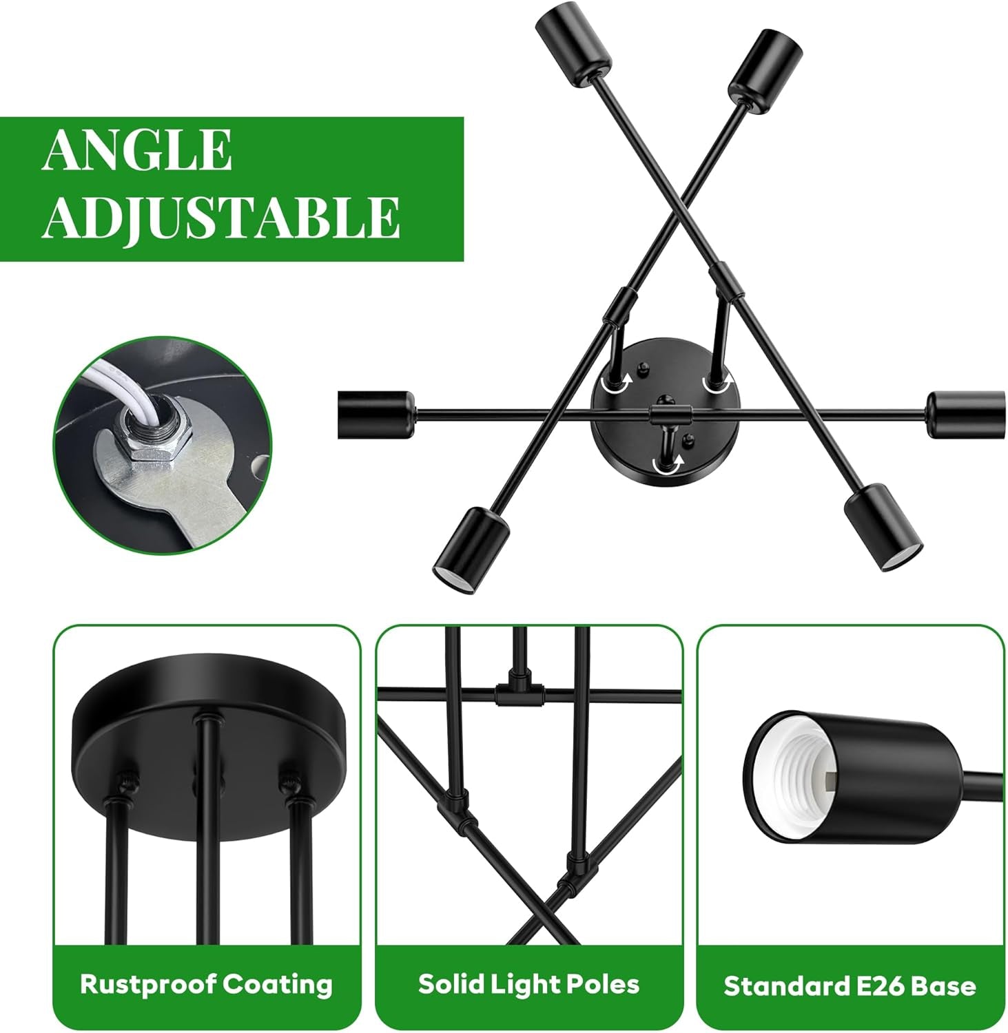 Modern Sputnik Chandelier Ceiling Light Fixtures, 6-Lights 22” Mid Century Industrial Metal Semi Flush Mount for Dining Room, Bedroom, Living Room-Black