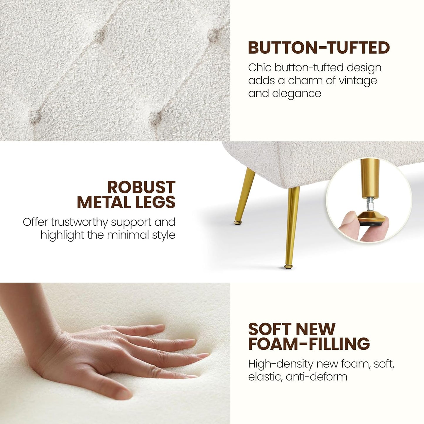 Modern Ottoman Bench Boucle Bench Upholstered Footrest for Living Room with Gold Metal Legs and Padded Seat Ivory