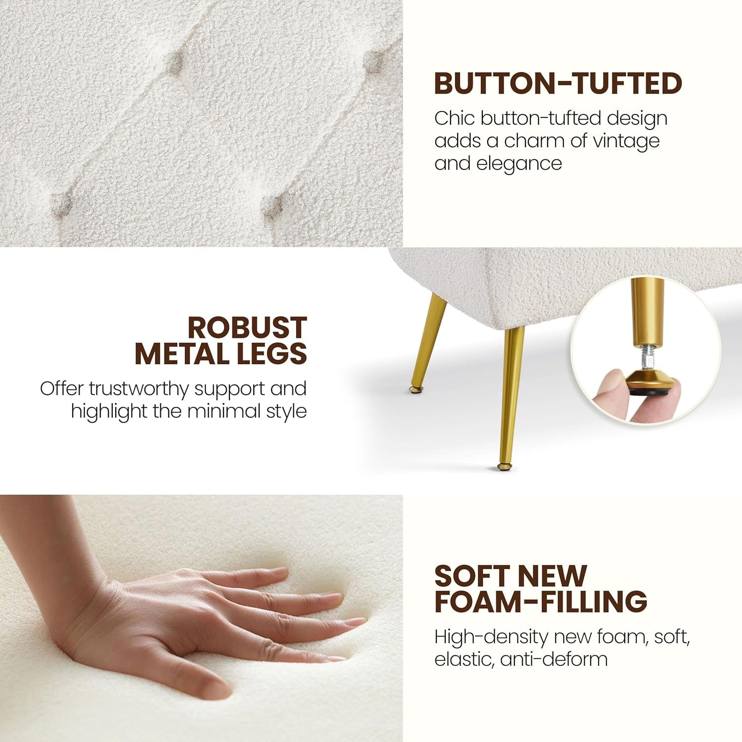 Modern Ottoman Bench Boucle Bench Upholstered Footrest for Living Room with Gold Metal Legs and Padded Seat Ivory