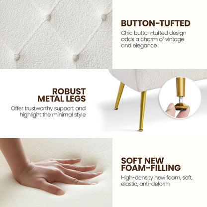 Modern Ottoman Bench Boucle Bench Upholstered Footrest for Living Room with Gold Metal Legs and Padded Seat Ivory