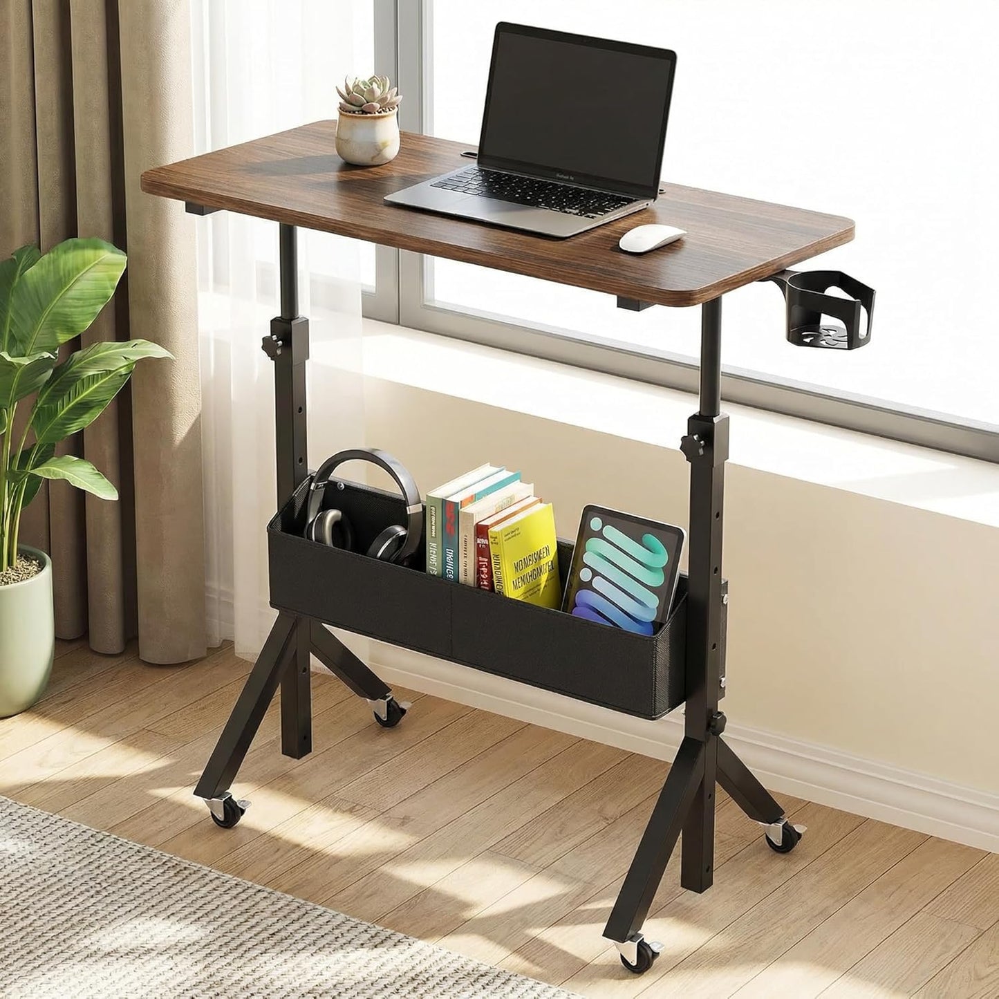 Rolling Standing Desk with Storage Bag,Adjustable Height Mobile Standing Desk for Walking Pad & Home Office,Portable Laptop Desk with Wheels 2'',31.5"X16",Height:28.35–46.46''Walnut