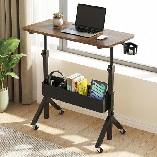 Rolling Standing Desk with Storage Bag,Adjustable Height Mobile Standing Desk for Walking Pad & Home Office,Portable Laptop Desk with Wheels 2'',31.5"X16",Height:28.35–46.46''Walnut