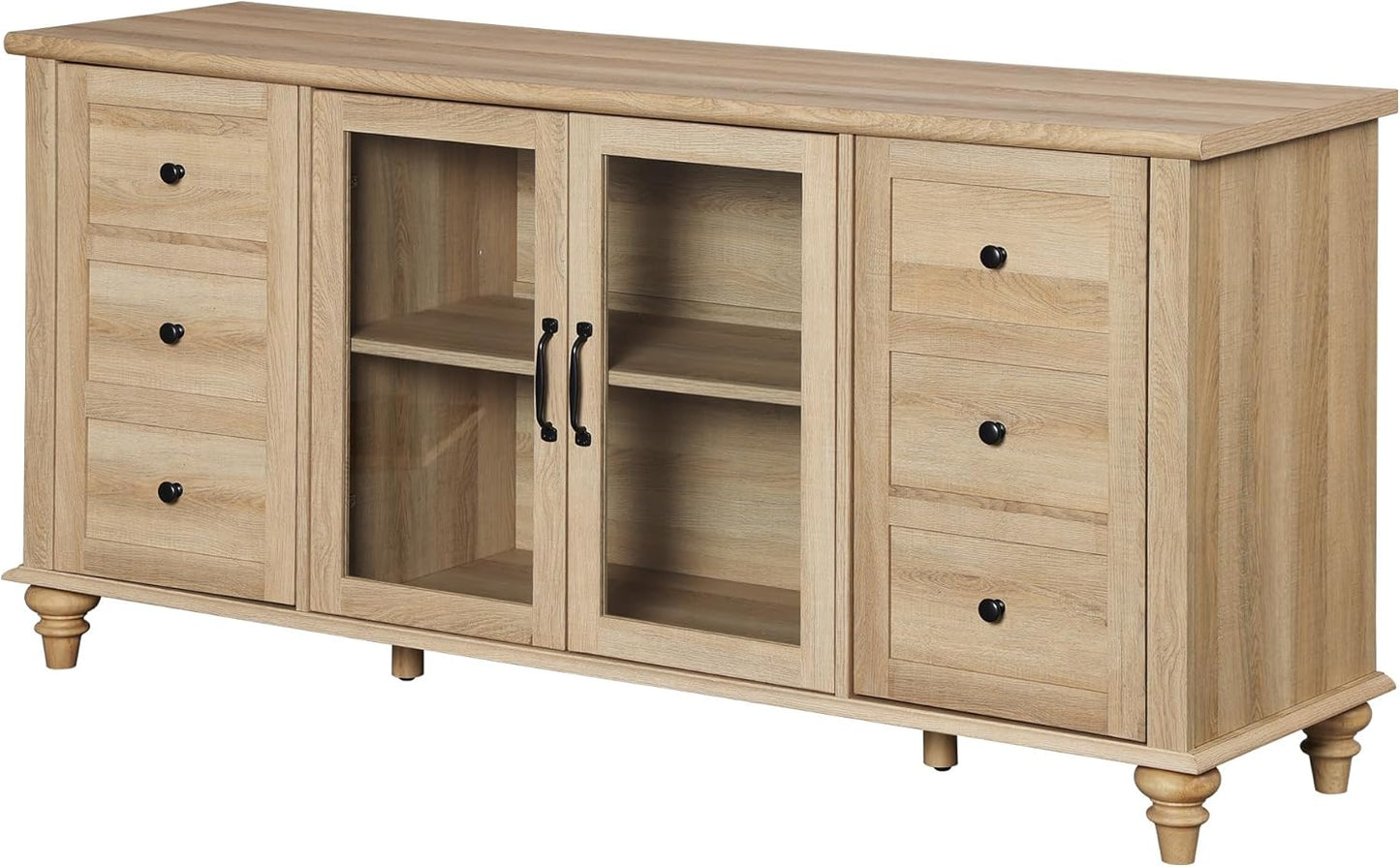 Glass Door Farmhouse TV Stand for Tvs up to 75 Inch, Wood Universal TV Console Table with 4 Storage Cabinets, Entertainment Center for 32-75 Inch TV Console Cabinet, 58'',Oak