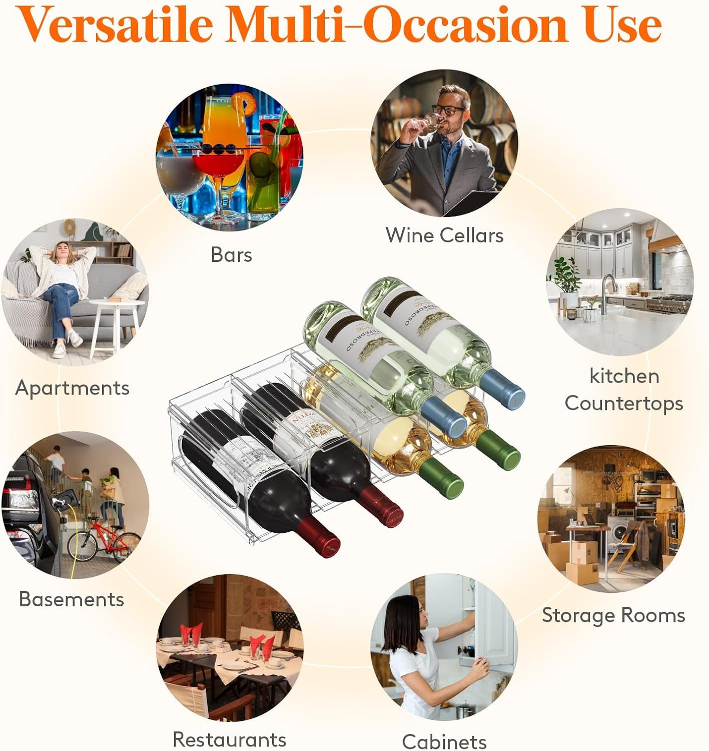 Wine Rack for Fridge, Stackable Wine Bottle Holder with Sturdy Support Insert & Reinforced Design, Plastic Bottle Organizer for Refrigerator, Cabinet & Pantry, Clear, Holds 8 Bottles