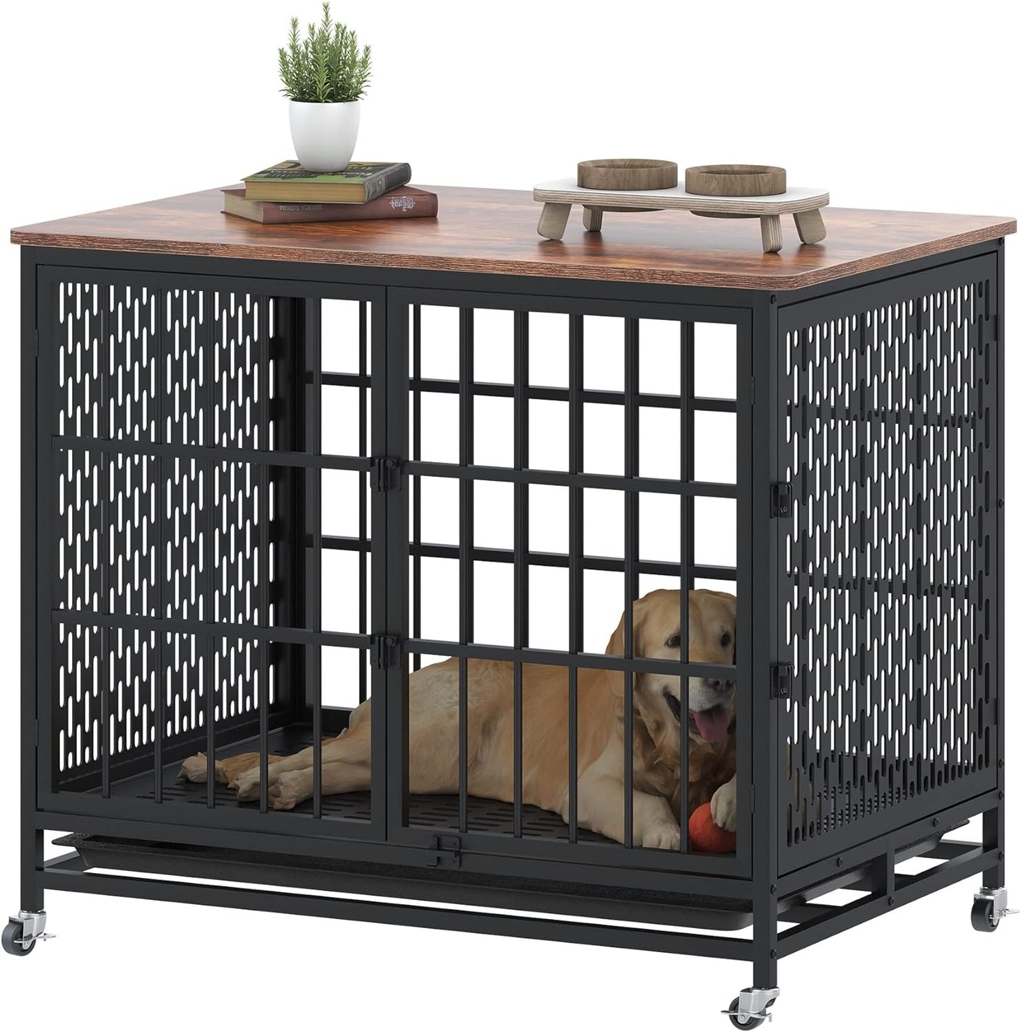 42 Inch Extra Large Dog Crate Furniture with Removable Trays, 3 Doors, 4 Wheels & 5 Locks - for Medium and Large Dogs