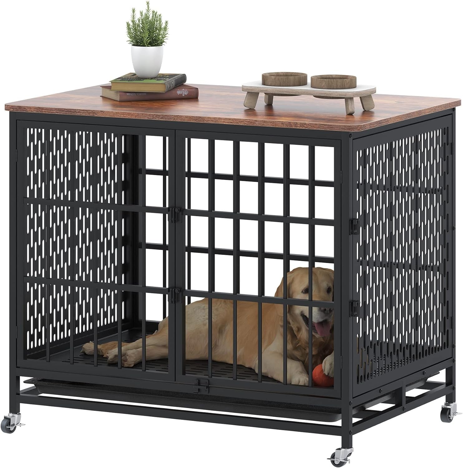 42 Inch Extra Large Dog Crate Furniture with Removable Trays, 3 Doors, 4 Wheels & 5 Locks - for Medium and Large Dogs