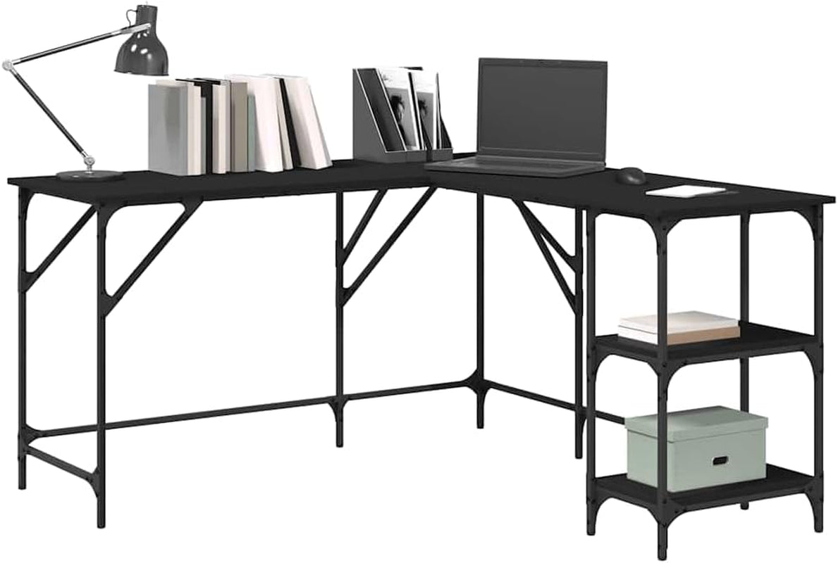L-Shaped Computer Desk, 54.7-Inch Corner Gaming Table, Black Engineered Wood & Steel Frame, Adjustable Feet for Home Office, Modern Study Writing Workstation
