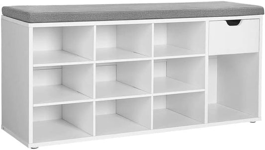 CUSTOS Collection - Shoe Bench, Storage Bench with Padded Seat, Entryway Bench with 15 Compartments, for Bedroom, 11.8 X 40.9 X 18.9 Inches, White and Gray ULHS24WT