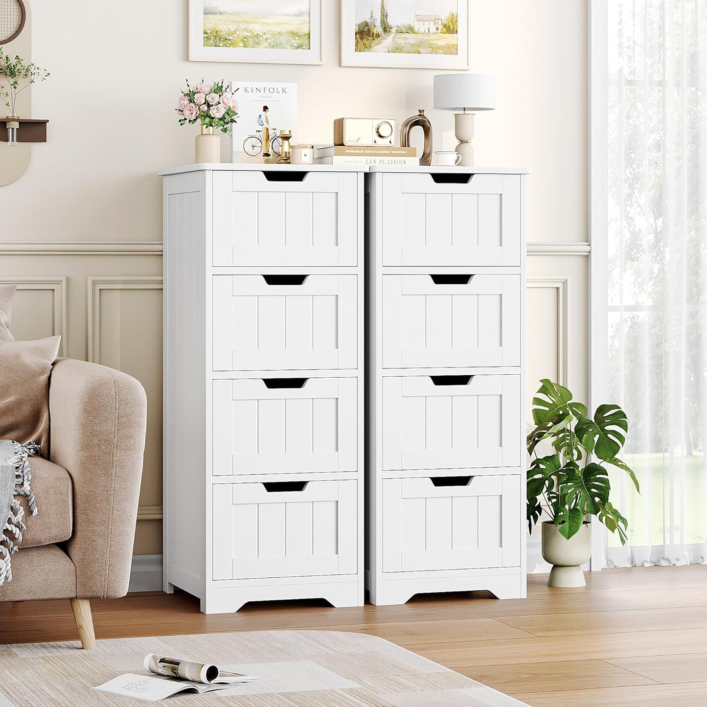 Bathroom Storage Cabinet, Bathroom Cabinet with 4 Drawers, 11.8” X 11.8” X 32.5” Freestanding Entryway Cupboard Storage Organizer Unit Home Furniture Decor, White
